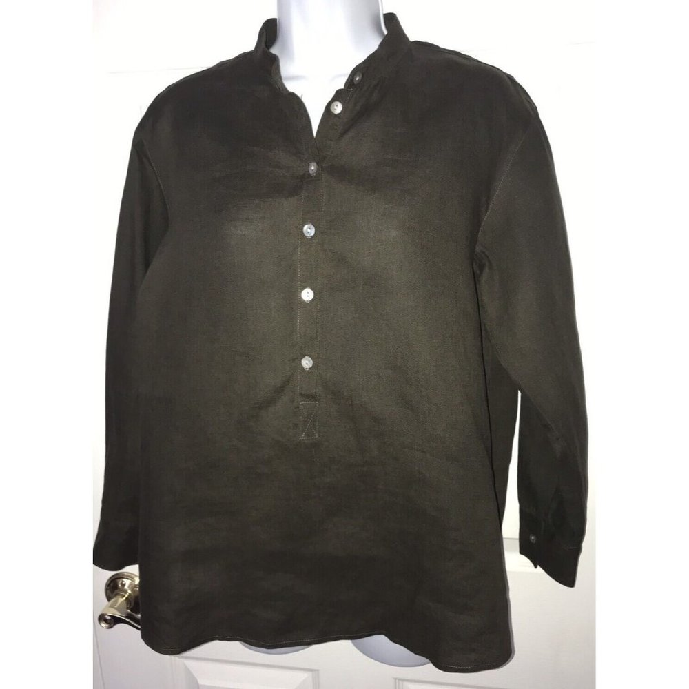 John Patrick 100% Linen Brown Tunic Popover Banded Collar Sz SMALL EUC